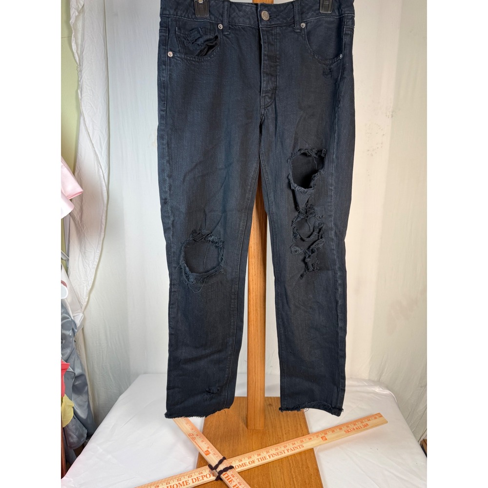 American Eagle Tomgirl‎ Jeans Womens 6 Black Distressed High Rise Straight Leg